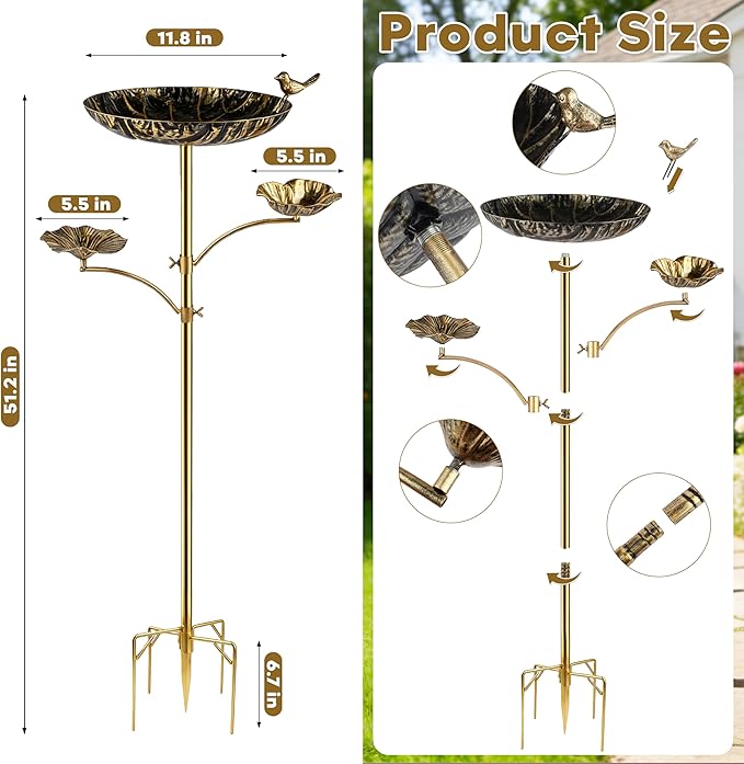 HUFAND Triple Bowl Bird Bath for Outside, 3-in-1 Bird Bath & Feeder with 4-Claw Ground Stake, 51in Height, 11.8in Large Top Bowl, Outdoor Birdbath for Garden Patio Yard Decor, Black Gold
