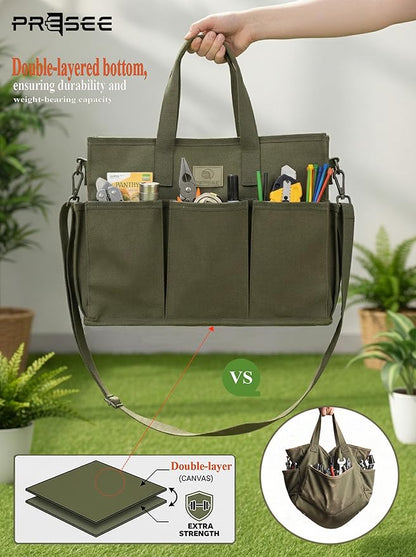 Heavy Duty Canvas Gardening Tote Bag with Pockets, Large Capacity Tool Organizer for Garden Tools, Portable Utility Bucket Carrier for Women Men, Outdoor Planter Caddy for Florist Supplies
