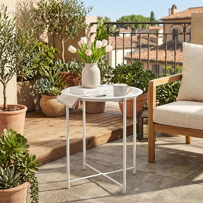 VECELO Side/End Table, Folding Round Metal Anti-Rust and Waterproof Outdoor or Indoor Tray for Living Room Bedroom Balcony and Office, 2 PCS, Beige
