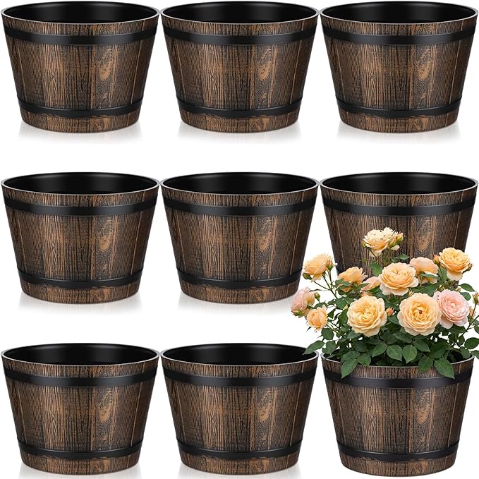 8 Pcs 9.17inch Plant Pots Whiskey Barrel Planter Flower Pot with Drainage Holes Plastic Decoration Large Flower Pots for Indoor Outdoor Plants Garden Home Plants for All Houseplants