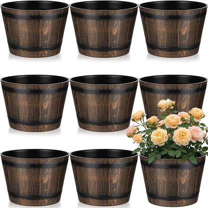 8 Pcs 9.17inch Plant Pots Whiskey Barrel Planter Flower Pot with Drainage Holes Plastic Decoration Large Flower Pots for Indoor Outdoor Plants Garden Home Plants for All Houseplants