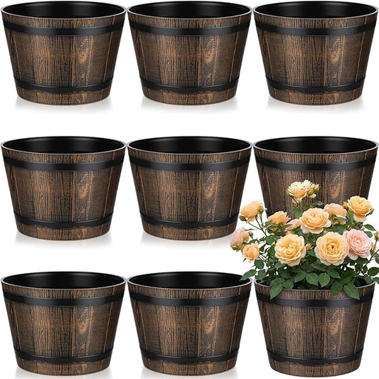 8 Pcs 9.17inch Plant Pots Whiskey Barrel Planter Flower Pot with Drainage Holes Plastic Decoration Large Flower Pots for Indoor Outdoor Plants Garden Home Plants for All Houseplants