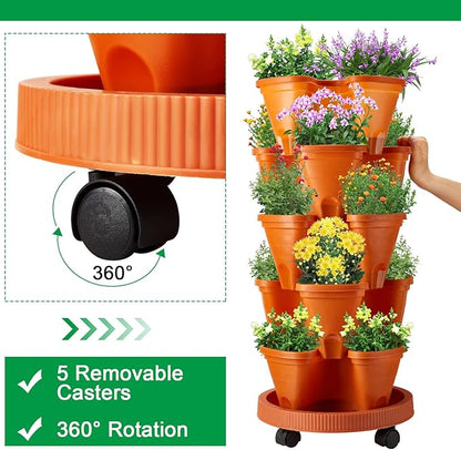 Umigy 2 Set 5 Tier Stackable Planters Vertical Garden Planters for Strawberry Herb Flower and Vegetable Indoor Outdoor Gardening Pots with Removable Wheels and Bottom(Terracotta)