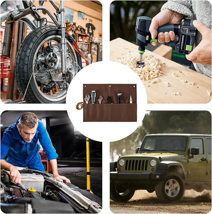 Chisel Roll,Small Tool Roll Pouch,Tool Roll Bag Organizer, Heavy Duty Waxed Canvas Tool Bag, Multi-Purpose Roll-Up Storage Bag for Hand Tools Holder with 6 Pockets Wrench Roll Up Pouch