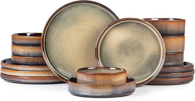 TheTerra Ceramic Dinnerware Sets for 4, 16 Pieces Porcelain Lightweight Plates and Bowls Sets, Scratch Resistant Dish Set, Oven & Microwave & Dishwasher Safe, Coca Mocha