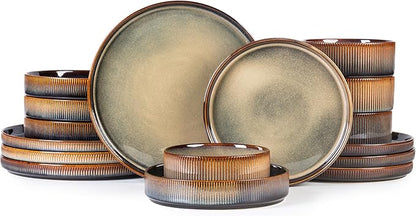 TheTerra Ceramic Dinnerware Sets for 4, 16 Pieces Porcelain Lightweight Plates and Bowls Sets, Scratch Resistant Dish Set, Oven & Microwave & Dishwasher Safe, Coca Mocha