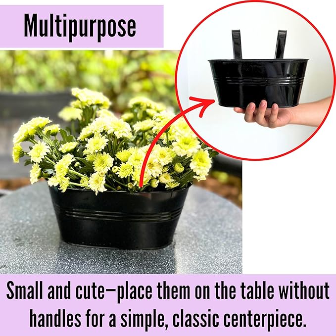 LaLaGreen Outdoor Planter (10 Pack, 9.8 Inch) Small and Cute Black Metal Iron Hanging Flower Pot Deck Railing Rail Fence Balcony Bucket Countryside Style Herb Window Box Plant Holder Hooks Porch Decor