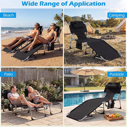 GYMAX Tanning Chair with Face Hole, Sun Bathing Lounge Chairs for Outside with Side Pocket, Folding Portable Face Down Layout Tanning Chair Beach, Backyard, Poolside, Lawn (Black,1)