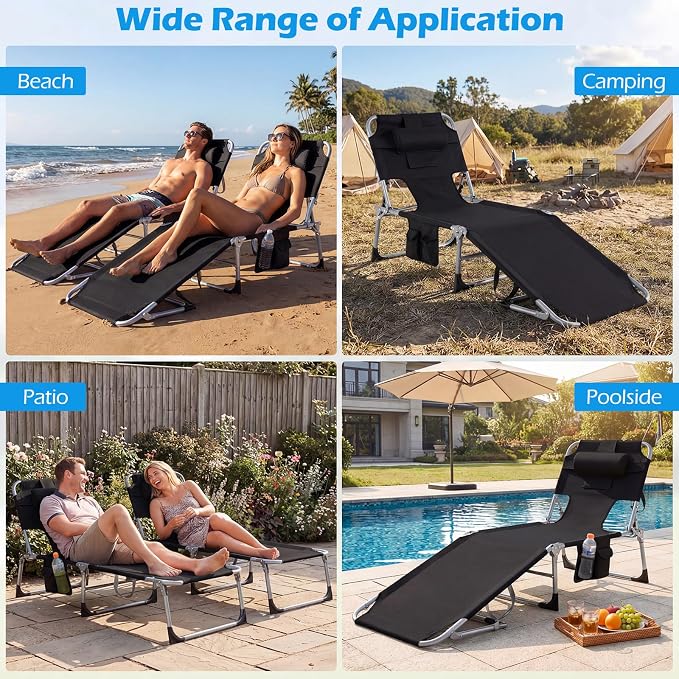 GYMAX Tanning Chair with Face Hole, Sun Bathing Lounge Chairs for Outside with Side Pocket, Folding Portable Face Down Layout Tanning Chair Beach, Backyard, Poolside, Lawn (Black,2)