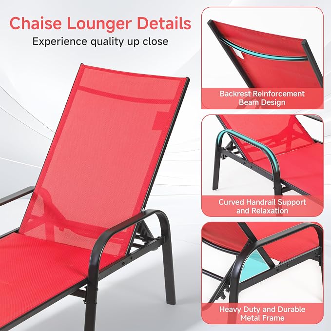 NEWBULIG Outdoor Lounge Chair for Pool, Chaise Lounge Chairs with 5 Position Recliner,350 lbs Heavy Duty Patio Pool Chairs, Outdoor Sun Chairs with Metal Frame for Backyard, Red