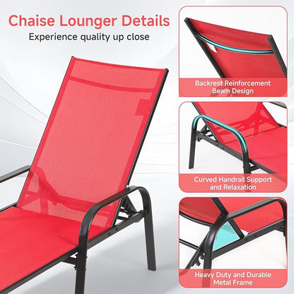 NEWBULIG Outdoor Lounge Chair for Pool, Chaise Lounge Chairs with 5 Position Recliner,350 lbs Heavy Duty Patio Pool Chairs, Outdoor Sun Chairs with Metal Frame for Backyard, Red