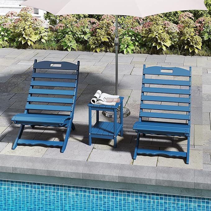 GREENVINES 3 Pieces Patio Furniture Set | Outdoor Bistro Sets for 2 | HDPE Plastic | Folding-Adirondack-Chairs-with-Side-Table | All Weather | Xavier Chair | for Porch Deck Poolside Backyard | Blue