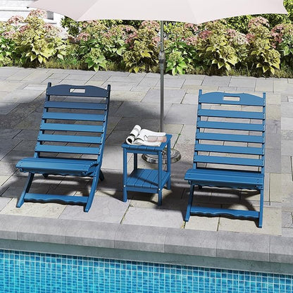 GREENVINES 3 Pieces Patio Furniture Set | Outdoor Bistro Sets for 2 | HDPE Plastic | Folding-Adirondack-Chairs-with-Side-Table | All Weather | Xavier Chair | for Porch Deck Poolside Backyard | Blue