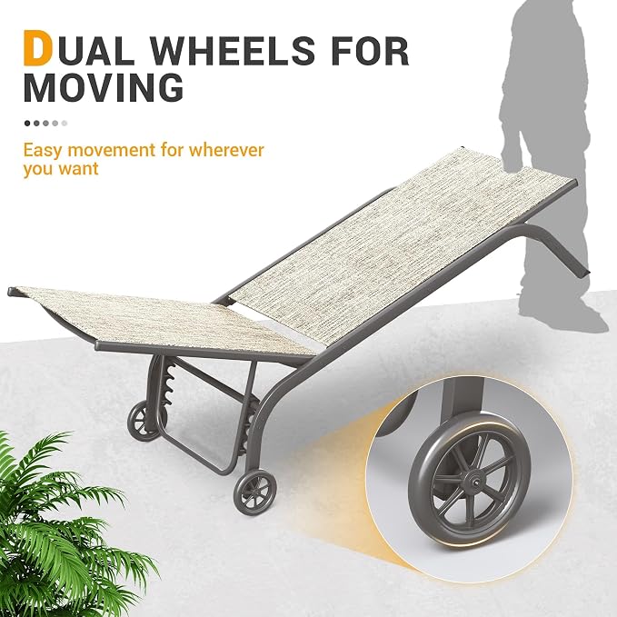 UDPATIO Aluminum Patio Lounge Chairs Set of 2 for Outside with Coffee Table Poolside Chaise Chair with Cushion for Sunbathing 5 Adjustable Position Backrest Outdoor Lounger with Wheels