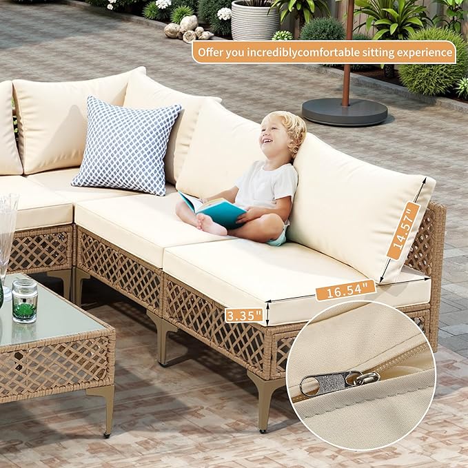 FHFO 7 Piece Outdoor Wicker Patio Furniture Set, Rattan Sectional Sofa Couch, Patio Conversation Set with Cushion & Coffee Table, for Backyard Poolside Porch Garden, Yellow/Beige