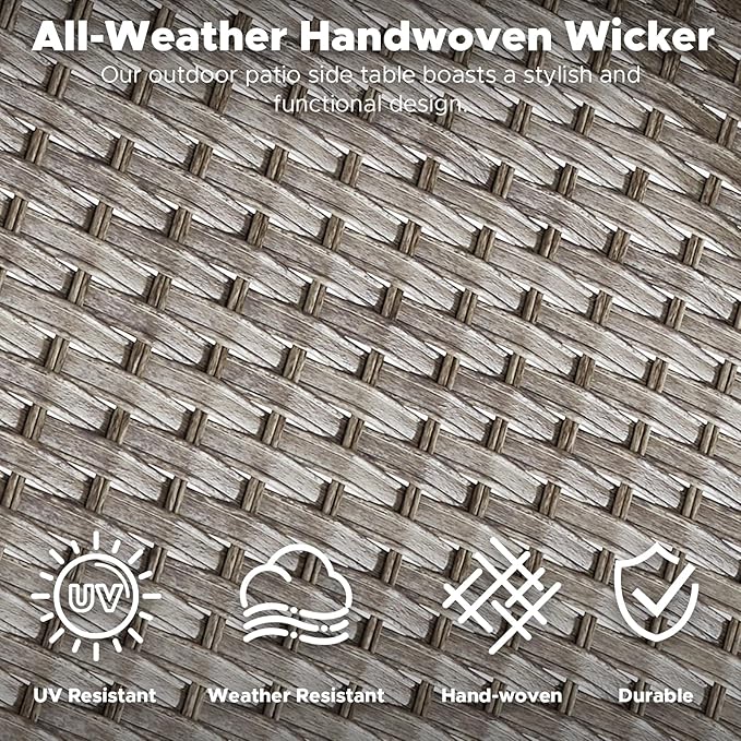 HUMMUH Patio Side Table Outdoor PE Wicker,Rattan End Table Glass Top Coffee Table with Storage Grey