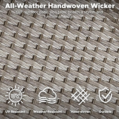 HUMMUH Patio Side Table Outdoor PE Wicker,Rattan End Table Glass Top Coffee Table with Storage Grey