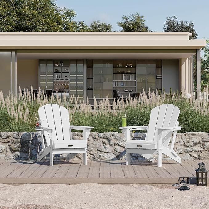 Ciokea Folding Adirondack Chair 4 Pack, Patio Adirondack Chair Weather Resistant, Plastic Fire Pit Chair with Cup Holder, Lawn Chair for Outdoor Porch Garden Backyard Deck (White)