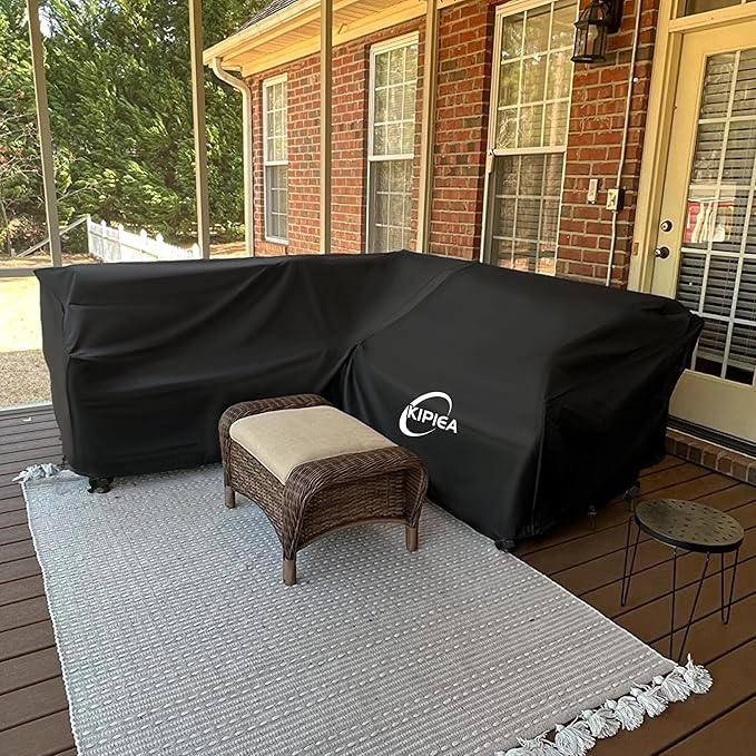 Kipiea Patio V-Shaped Sectional Sofa Cover, 420D Heavy-Duty Oxford Fabric Outdoor Sectional Cover with 6 Windproof Buckles, Anti UV and No Tears, No Fading (105"/105" L x 33.5" D x 31" H) Black