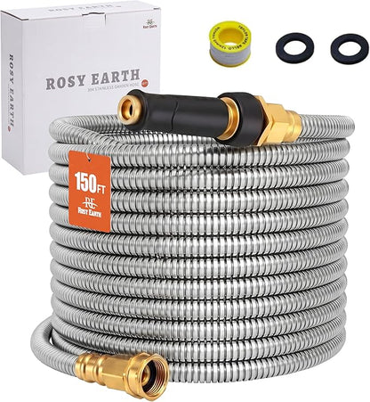 Rosy Earth Metal Garden Hose 150 FT - 304 Stainless Steel Water Hose 150 FT - Expandable Short Flexible Garden Hose,no Kink Explosion, no Bite