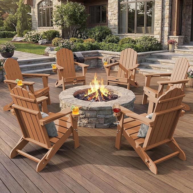 Adirondack Chairs Set of 6, Fire Pit Chairs, Wood Texture Patio Chairs with 2 Cup Holder, Outdoor Lawn Chair, Teak