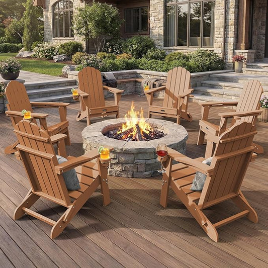 Adirondack Chairs Set of 6, Fire Pit Chairs, Wood Texture Patio Chairs with 2 Cup Holder, Outdoor Lawn Chair, Teak
