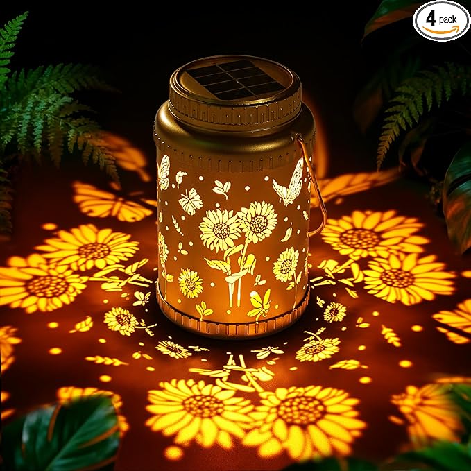 Cooo 4 Pack Solar Lanterns Outdoor Waterproof Sunflower Solar Pathway Lights Landscape Path Lights Christmas Lights Gifts for Women Mom Grandma for Garden Yard Patio Backyard Porch Decorations-Gold