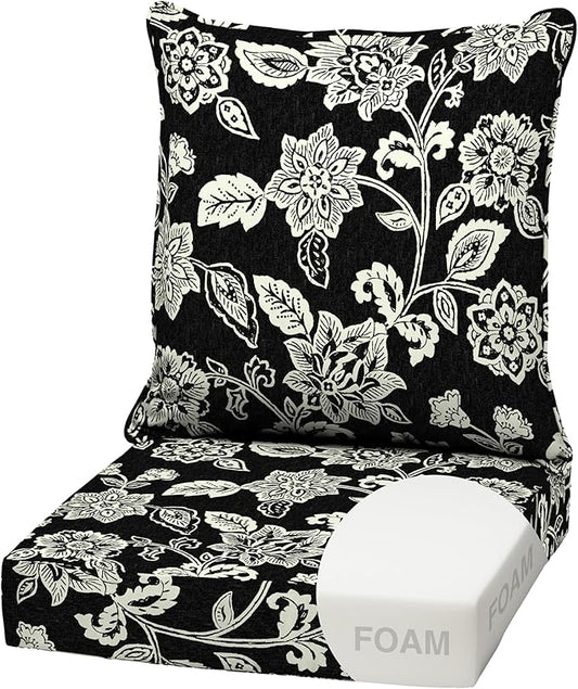 Arden Outdoor Foam Deep Seat Cushion Set, 22x24, Premium High-Density Foam, Never Flattens, Weather-Proof for Patio Chair Sofa Couch, Ashland Black Jacobean