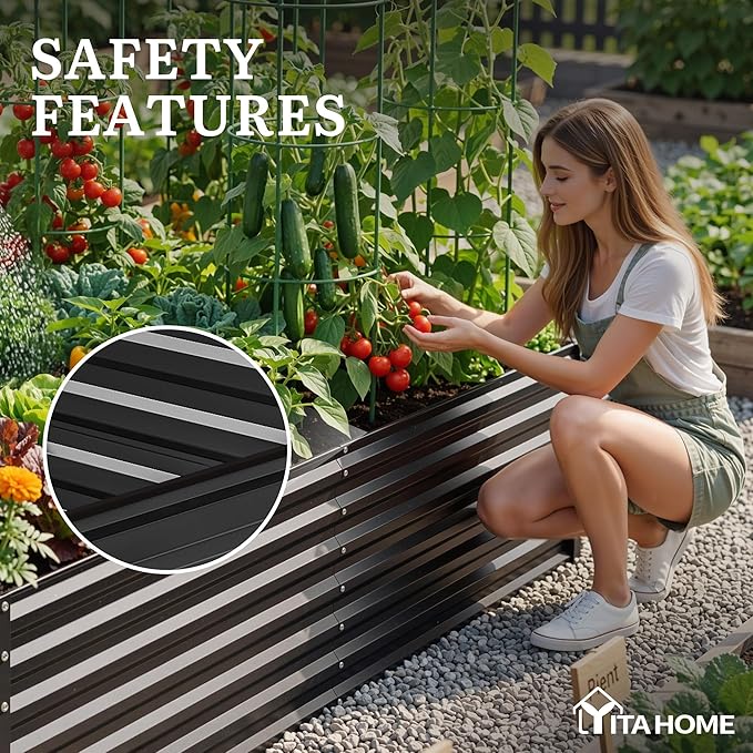 YITAHOME 2pcs 8x4x2ft Galvanized Raised Garden Bed with Tomato Cages, Galvanized Planter Box with Tomato Trellis, Gloves, Support Rod, Outdoor Flower Bed for Climbing Plants, Vegetables, Flower, Black