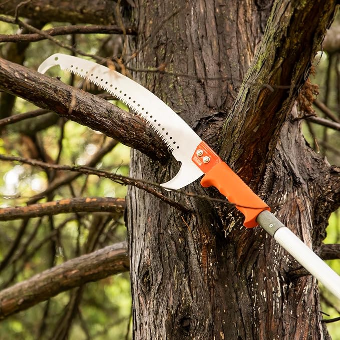 14-Inch Lightweight Manual Pruning Saw with 21-Foot Extension Pole – Tree Pruner & Pole Saw Blade with Sharpened Hook Ends – Tree Trimming Saw, Branch Cutter, Garden Tool