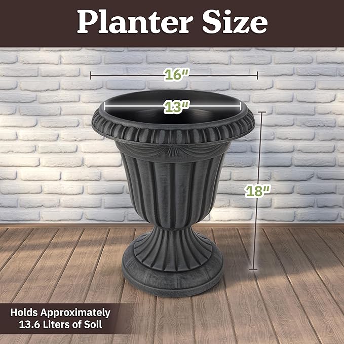 Outdoor Planter 2-Pack - 16x18-Inch Urn Planters for Front Porch Decor, Indoors, Patio or Entryway - Plastic Plant Pots - Large Decorative Flower Pots by Pure Garden (Stone Gray)