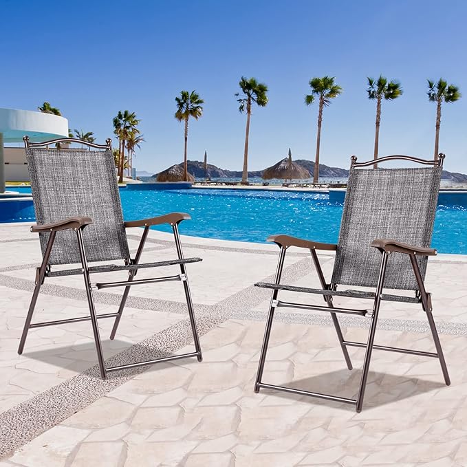 Tangkula Set of 2 Patio Folding Dining Chairs, Outdoor Sling Lawn Chairs with Armrests, Steel Frame, Portable Camping Lounge Chairs for Backyard, Deck, Poolside and Garden, No Assembly (1, Grey)