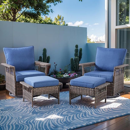 Patio Furniture Set 2 Wicker Swivel Glider Chairs with 2 PE Rattan Ottomans Brown Wicker Blue Cushions Patio Conversation Set 4pcs for Garden Balcony Sunroom Backyard