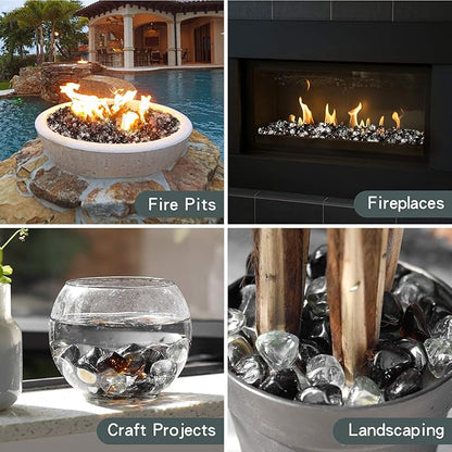 Mr. Fireglass 10 Pounds Blended Diamond Fire Glass, 1 inch High Luster Reflective Glass Rocks for Propane Fire Pit, Firepit Glass Mix for Patio & Landscape, Onyx Black, Crystal Ice, Amber