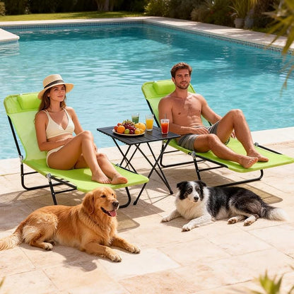 Outdoor Chaise Lounge with Detachable Pillow, Reclining Folding Chair with 5-Position Adjustable Back, Portable Tanning Chair For Beach, Pool, Lawn, Breathable Mesh Seat, No Assembly (Green 2)