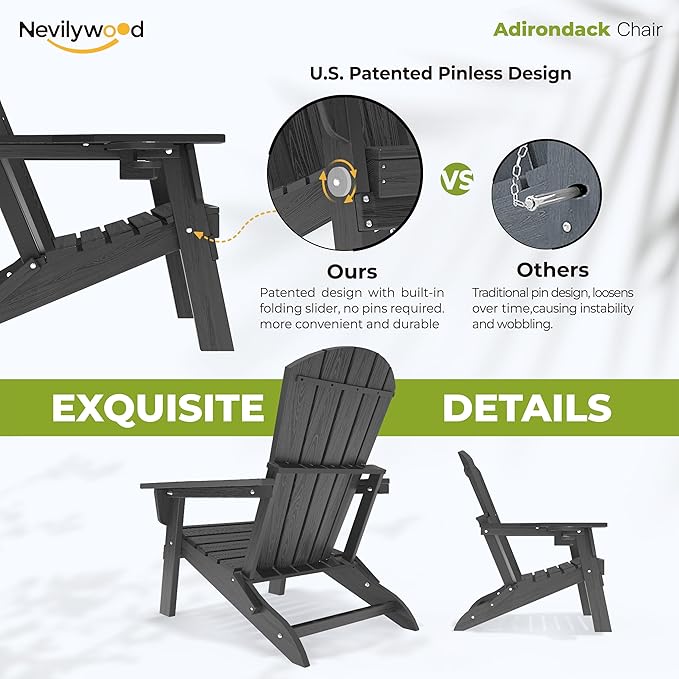 nevilywood Folding Adirondack Chair, Ergonomic Extended Backrest, HDPE All-Weather, 380lbs Capacity, Maintenance-Free, Cup Holder, （Black）- Outdoor Patio & Firepit Chair