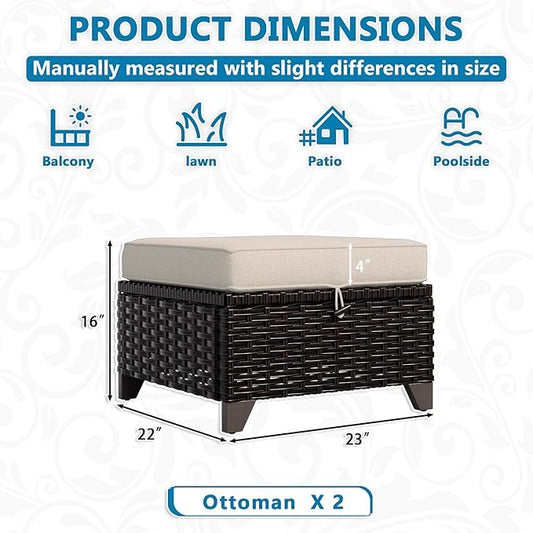 VistaVibe 2 Pieces Patio Wicker Ottomans, Luxurious Footstools, Outdoor Small Footrest, Wicker Furniture with Removable Cushions, All-Weather PE Rattan, Garden, Backyard, Porch(Brown/Beige)