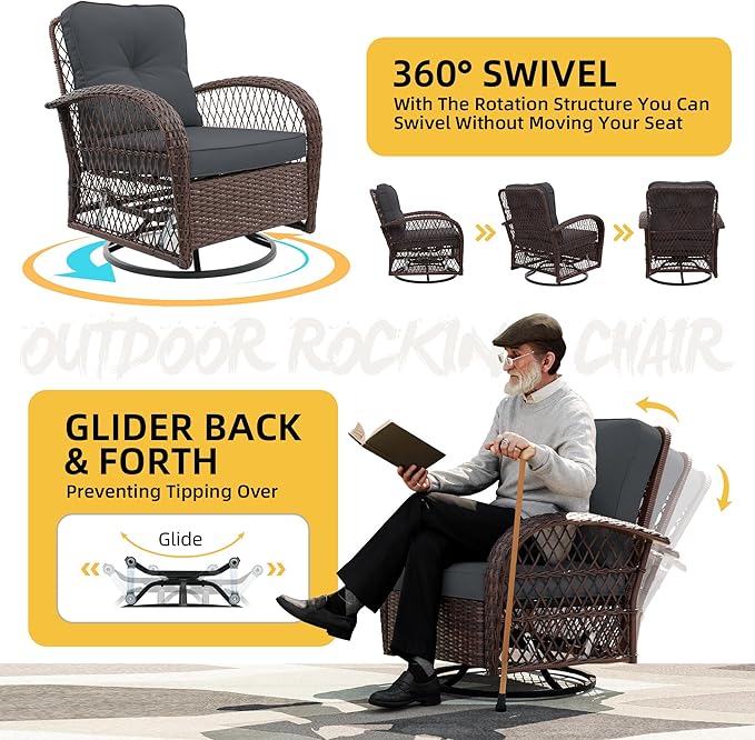 UPHA 10 Pieces Patio Furniture Sets Outdoor Sectional Sofa Wicker Conversation Couch with Bistro Swivel Chair for Decks, Backyards, Gardens, Brown Rattan, Dark Gray Cushion