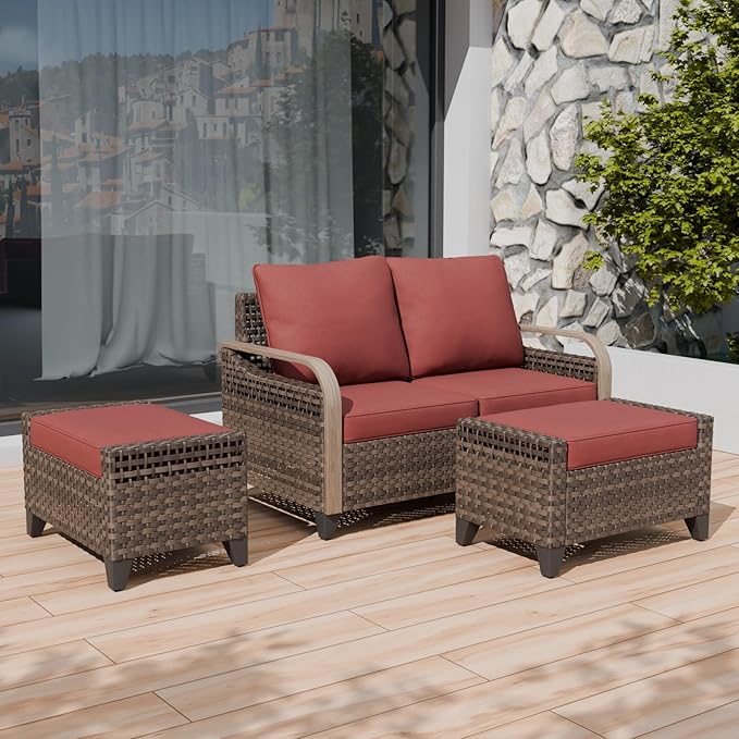 COOS BAY Modern Wicker Outdoor Furniture Set, Patio Conversation Set with 2 Seat Loveseat, and Ottomans, 3 Piece, Brown/Red