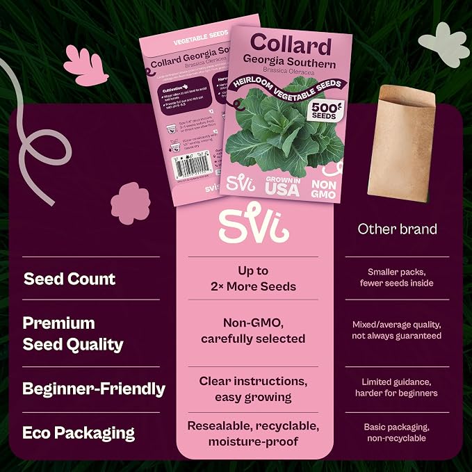 SVI 500 Georgia Southern Collard Green Seeds (Brassica oleracea) – Collard Greens Seed Packets, Heat and Cold Tolerant Collards – Vegetable Seeds for Outdoor Vegetable Garden, Raised Beds