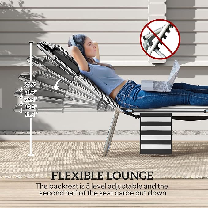 Outsunny Chaise Lounge Chairs Set of 2 Outdoor with Face Arm Hole, 5-Position Reclining Face Down Tanning Chairs with Carry Strap, Side Pocket, Portable Folding Bed Cot for Patio Pool, Black Stripe