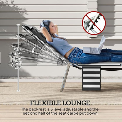 Outsunny Chaise Lounge Chairs Set of 2 Outdoor with Face Arm Hole, 5-Position Reclining Face Down Tanning Chairs with Carry Strap, Side Pocket, Portable Folding Bed Cot for Patio Pool, Black Stripe