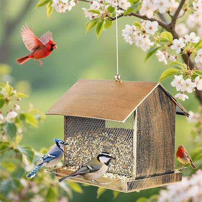 Bird Feeder, Large Capacity Bird Feeders for Outdoor Hanging Hold 4 LB Seed, Heavy Duty Metal Wild Birdfeeder with 2 Perches, Sturdy & Easy to Refill