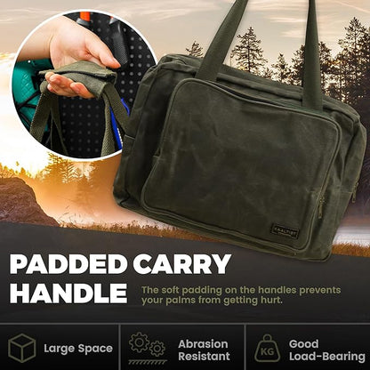 Tool Tote | Heavy Duty 16oz Waxed Canvas Tool Storage Bag - Portable 3 Pockets Tote Bag with Padded Handle& Metal Zipper, for Craftsman Gardener Carpenter Mechanic | 15.5"L x 7.5"W x 11.5"H