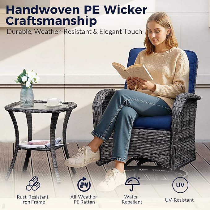 Luxury 3-Piece PE Wicker Swivel Rocking Patio Chair Set with Preminum Cushions & Ripple Glass Table, All-Weather Outdoor Bistro Set for Modern Deck or Balcony