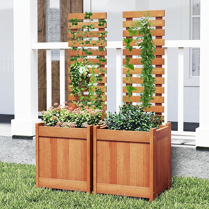 Giantex Wood Raised Garden Bed with Trellis, Outdoor Planter Box w/Open-Ended Base for Climbing Plants, 18'' Planting Depth Freestanding Privacy Planters Trellis Planter for Patio, Backyard