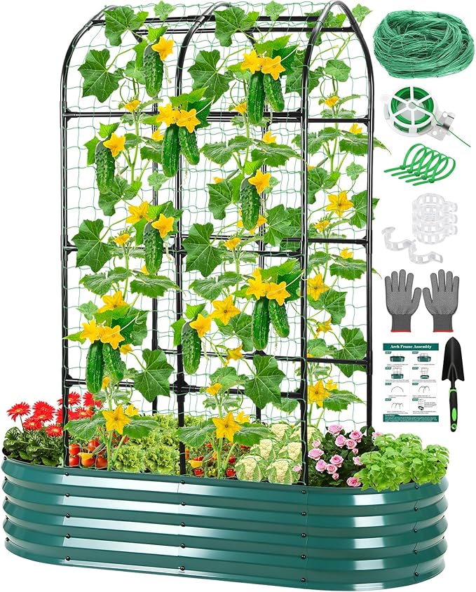 Raised Garden Bed with Arched Trellis, Galvanized Raised Garden Bed with Netting Plant Ties Gloves Trowel, Metal Planter Box Outdoor Drainage Design for Gardening Climbing Plant Vegetable Flower Fruit
