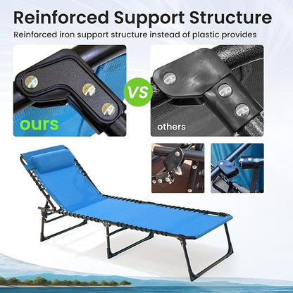 Outdoor Folding Chaise Lounge 5-Position Adjustable Recliner 400LB Heavy Duty Portable Patio Camping Beach Chair, Blue