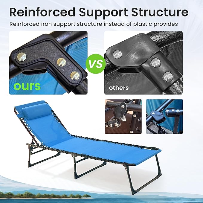 2 Pack Outdoor Folding Chaise Lounge 5-Position Adjustable Recliner 400LB Heavy Duty Portable Patio Camping Beach Chair, Blue