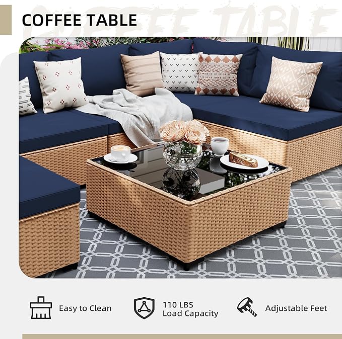 UPHA 7 Pieces Patio Furniture Sets Outdoor Sectional Sofa Wicker Conversation Couch for Decks, Backyards, Gardens, Yellow Rattan, Navyblue Cushion